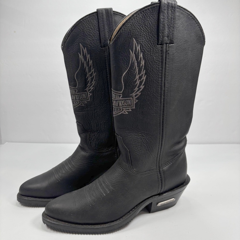Harley Davidson Womens 5.5M Western Biker Boots Black Leather Winged Logo